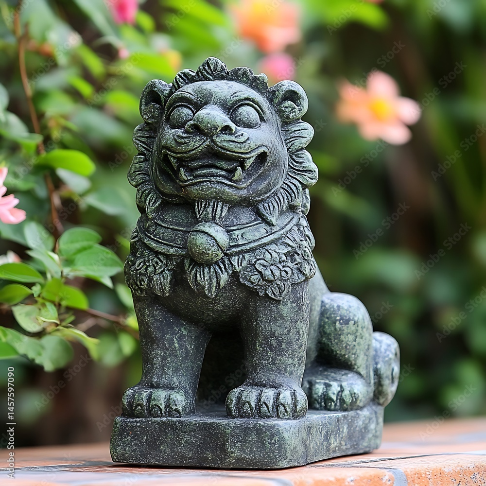 Stone lion statue with intricate details, set against a vibrant garden backdrop with flowers Stone lion statue with intricate details, set against a vibrant garden backdrop with flowers