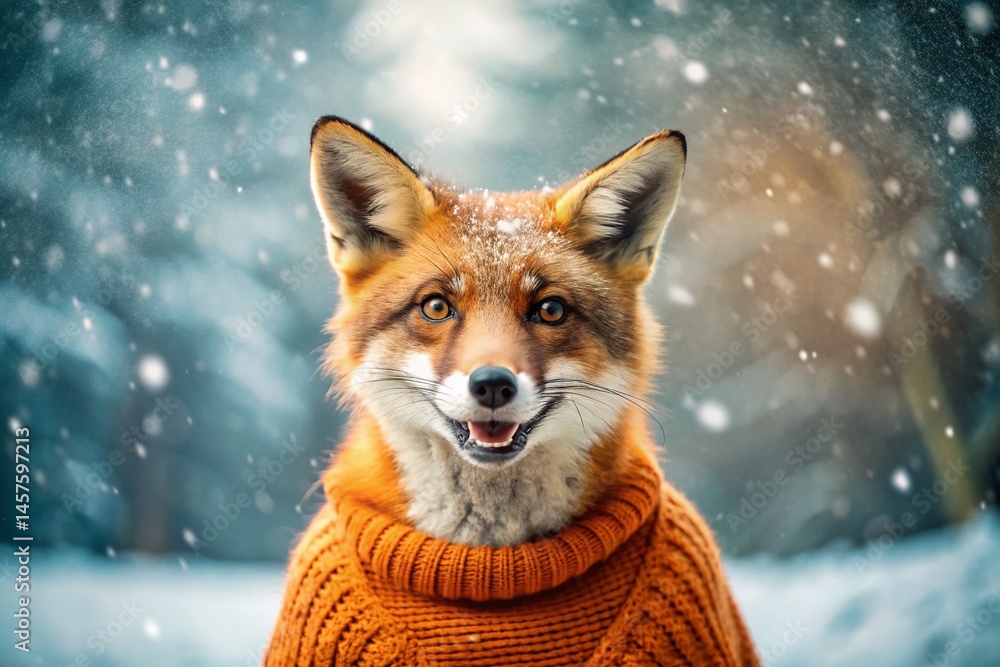 Obraz premium Adorable Fox in Orange Knit Sweater, Gentle Snowfall, Macro Photography