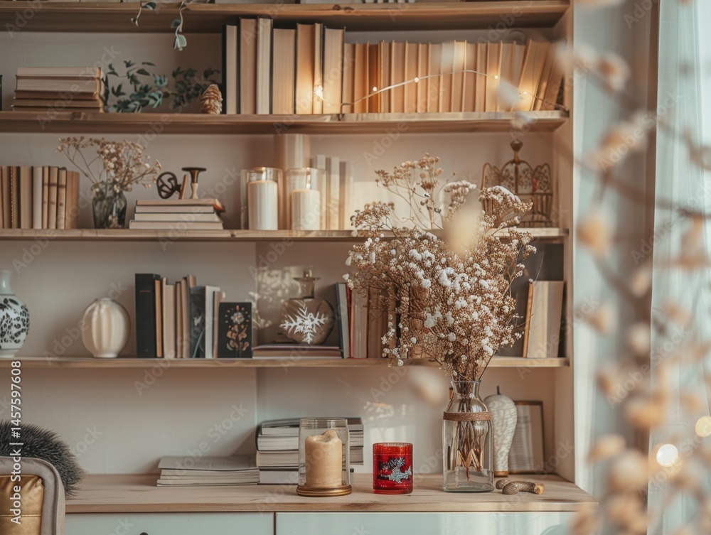 A shelf full of books and a vase of flowers. A candle is on a table next to the vase A shelf full of books and a vase of flowers. A candle is on a table next to the vase