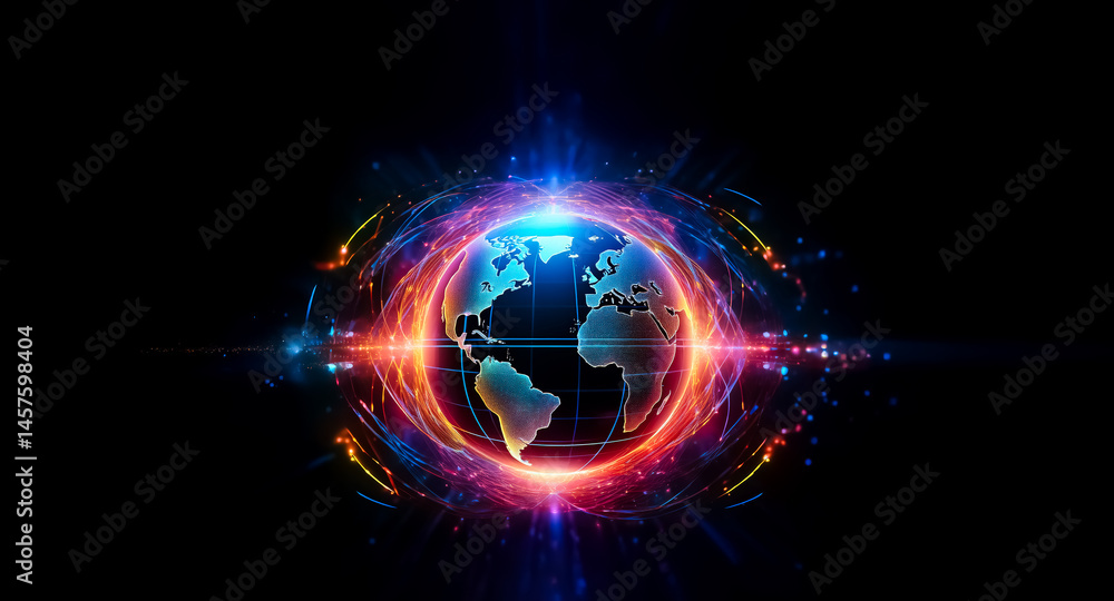 Obraz premium A vibrant, glowing Earth encircled by dynamic energy fields of red and blue, symbolizing global connectivity and technological advancement.