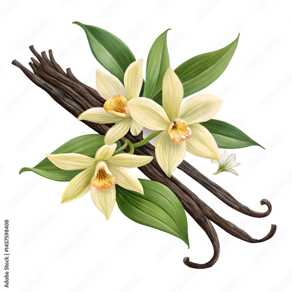 Fototapeta premium Vanilla Beans and Flowers: Aromatic Spice and Orchid Blossom