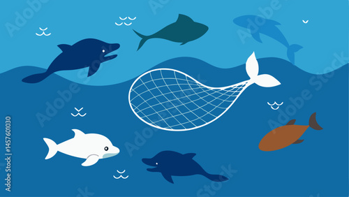 Bycatch Symbol An image of a fishing net filled with unintended marine species bycatch such as turtles and dolphins conveying the problem of indiscriminate fishing practices.
