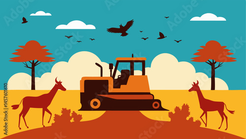 Animal Habitat Destruction A bulldozer clearing land in a wildlife area with animals such as deer and birds fleeing in panic while corporate figures watch from afar.
