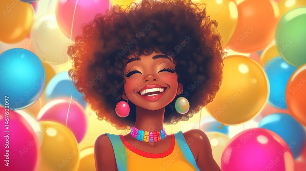 Joyful Celebration: Smiling Girl with Balloons Bursting with Festive Colors Joyful Celebration: Smiling Girl with Balloons Bursting with Festive Colors