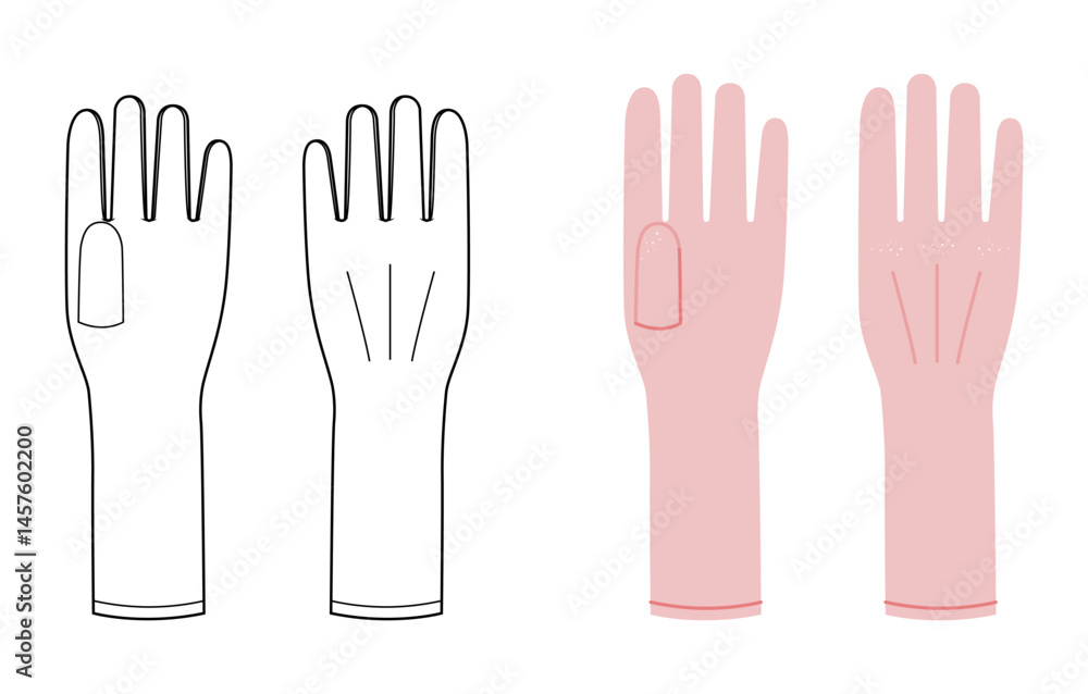 Obraz premium Slip-on Gloves pink cartoon and flat sketch Fashion hand accessory clothing technical illustration garment. Vector front palm back view for Men, women, unisex style template CAD on white background