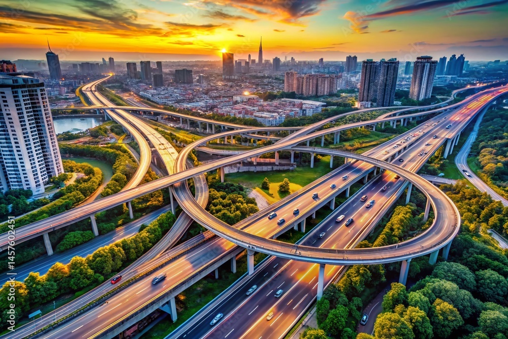 Fototapeta premium Aerial City Highway Interchange - Complex Road Network Overpass
