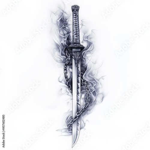 katana, draw, asian, cut, Japan, smoke, black and white, chain, weapon