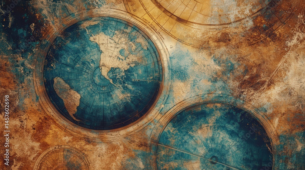 Naklejka premium Antique world maps adorn a weathered, aged ceiling.