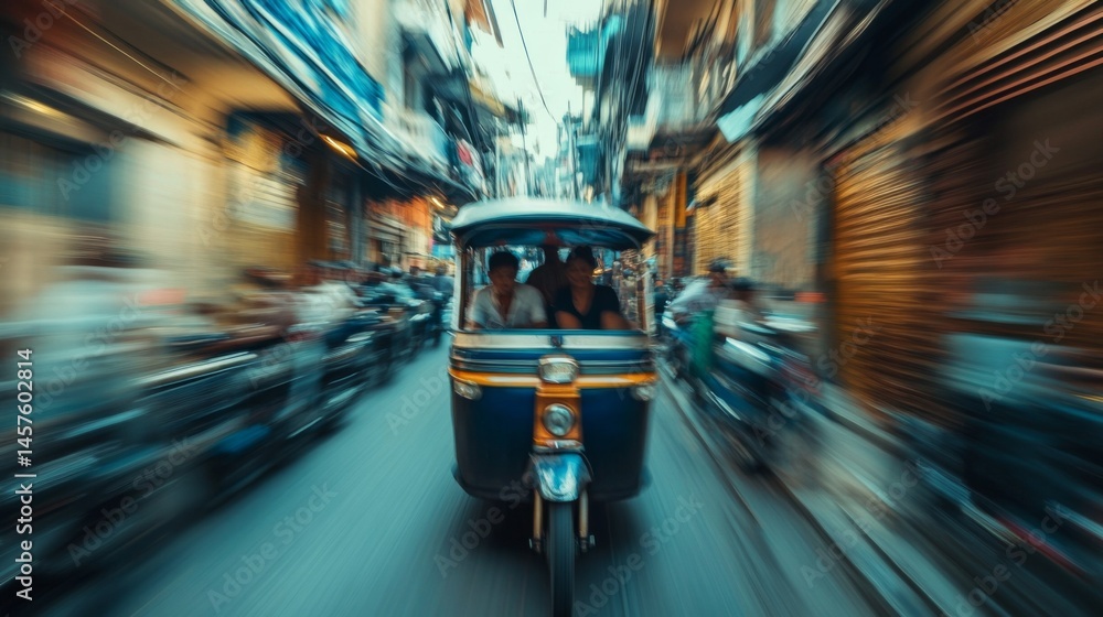 Naklejka premium family riding tuk-tuk through narrow alley, motion blur