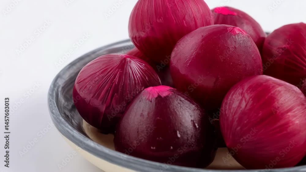 Overhead view featuring pickled red onions served on a plate, showcasing their vibrant crimson color and delicate texture on a white background.