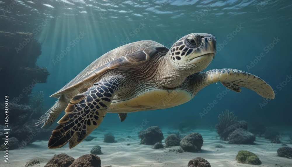 Fototapeta premium Sea turtle looking at camera, underwater scene, wildlife, animal photography, ocean