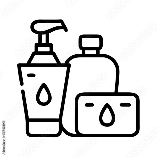 Hotel amenities icon with shampoo, soap, and lotion outline design and copy space