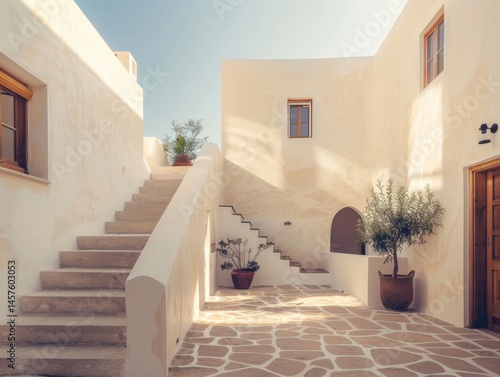 A courtyard with a white building and a staircase. There are two potted plants, one on the left and one on the right