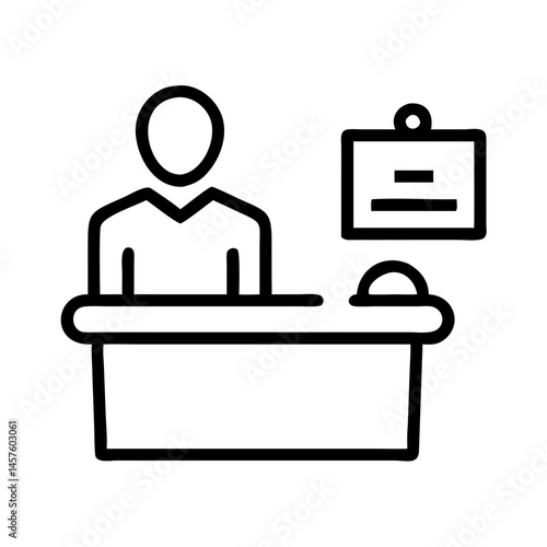 Reception icon with staff at desk and nameplate outline design and copy space