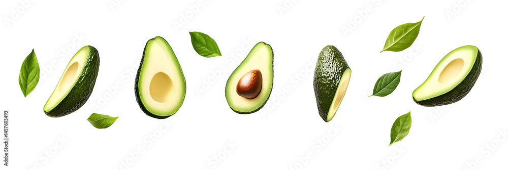 Arrangement of Avocado Halves and Green Leaves on a Dark Background Arrangement of Avocado Halves and Green Leaves on a Dark Background