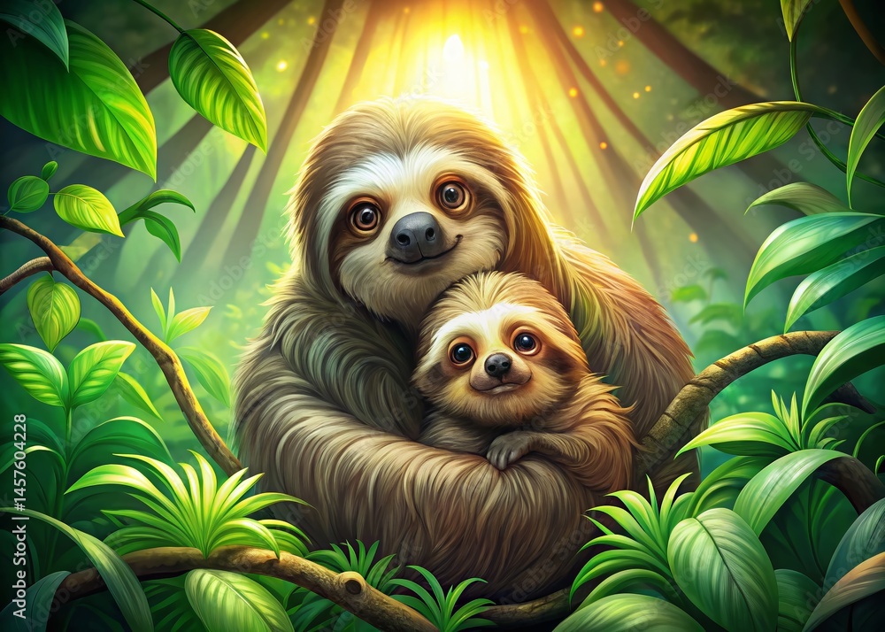 Obraz premium Aerial Drone Shot: Mother and Baby Sloth Embrace - Line Art Style