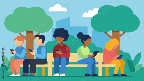 Chained to Devices A group of diverse urbandwellers sitting on a park bench absorbed in their smartphones while a vibrant tree just steps away is overlooked.