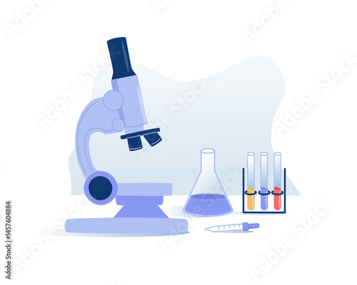 Group of scientific laboratory glassware with liquid solution, Research,development concept.Glass Laboratory Equipment Set.Flasks and measuring beaker