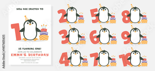 Greeting and invitation card for kids Birthday party. Cute baby penguin, cake, numbers in flat childrens style. Vector illustration, design for card, poster, event