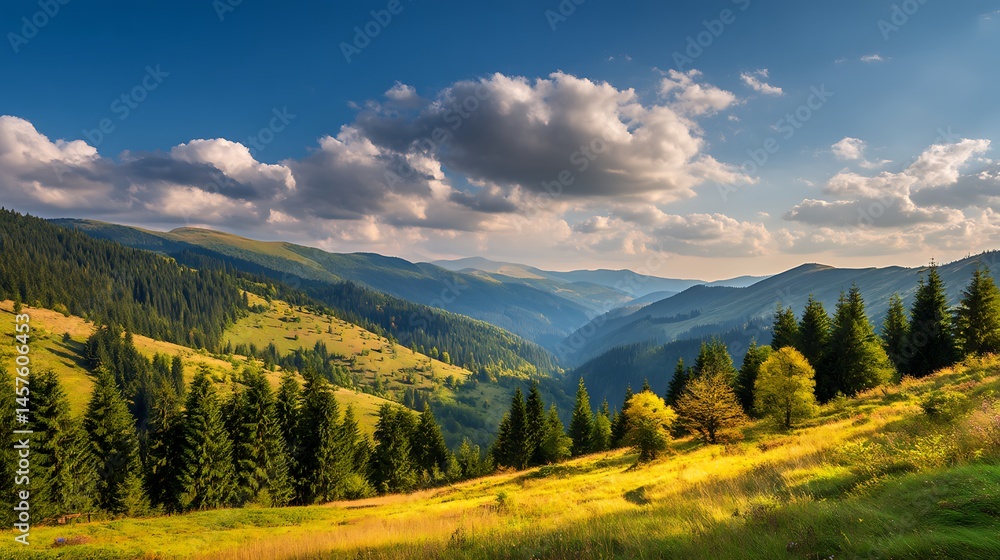 Obraz premium 太陽が照らす緑豊かな山の風景