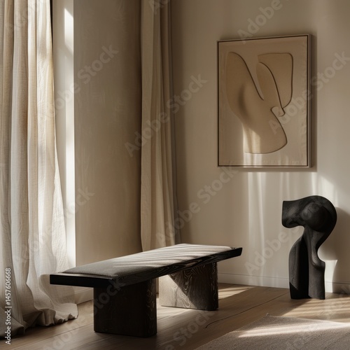 A wooden bench is placed in front of a white curtain. A black sculpture is positioned in front of the bench. The room is well-lit, with sunlight streaming in through the window