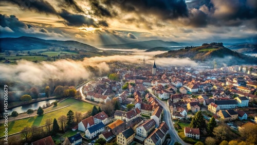 Fototapeta Naklejka Na Ścianę i Meble -  Aerial Low Light View of Ambérieu-en-Bugey, France - Late Winter Cloudy Scene