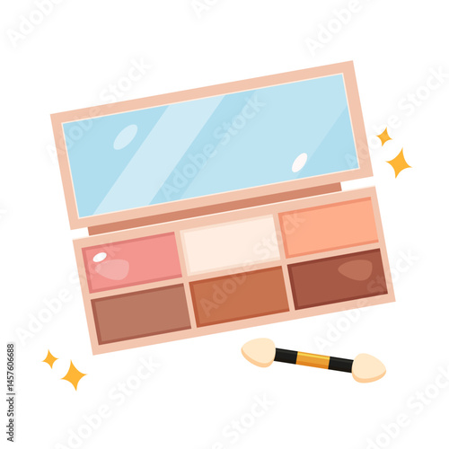 Eyeshadow palette with makeup brush and sparkles around isolated on white background.
