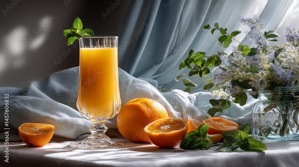 Fototapeta premium Still life of fresh orange juice and oranges