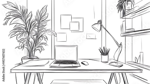 A drawing of a desk with a laptop, a potted plant, and a lamp