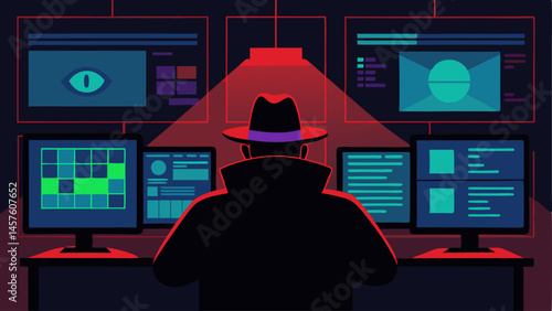 Hackers Lair A silhouetted figure sitting in front of multiple screens filled with coding and digital maps with a detectives eye peering through the shadows from the side.