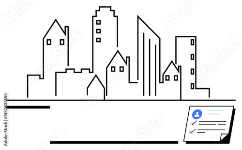 Outline-style cityscape paired with a document featuring a user profile and checkmarks. Ideal for real estate, architecture, urban planning, property management, legal agreements, contracts