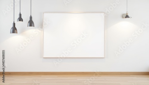 A white frame with a black border sits on a wooden floor