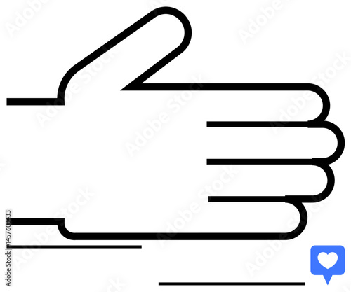 Hand with extended fingers in simple outline style, accompanied by a heart-shaped thumbs up notification. Ideal for charity, support, social connection, online interaction, kindness, approval