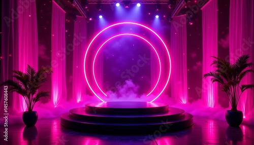 A neon pink circle is lit up in a dark room