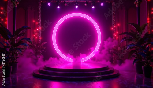 A neon pink circle is lit up in a dark room