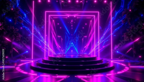 A stage with a purple and blue backdrop