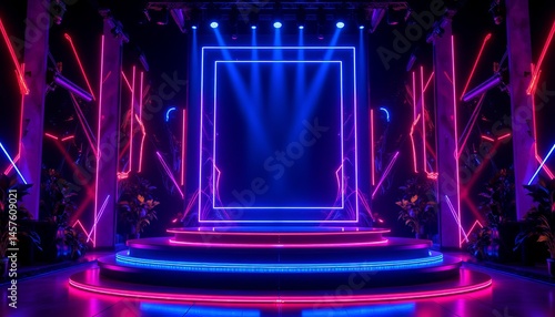 A stage with a purple and blue backdrop