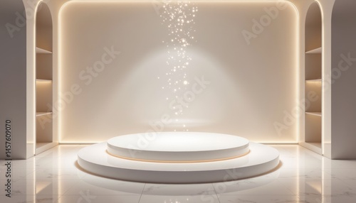 A white room with a white stage and a white arch
