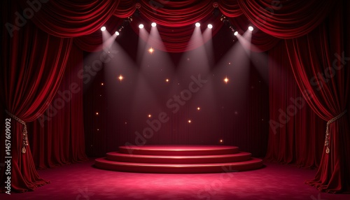 A red curtain with three lights shining on it