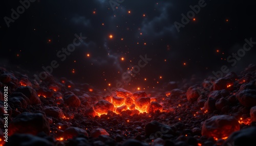 A dark background with a pile of rocks and glowing embers