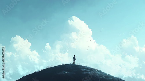 A person is standing on a hill with a cloudy sky in the background