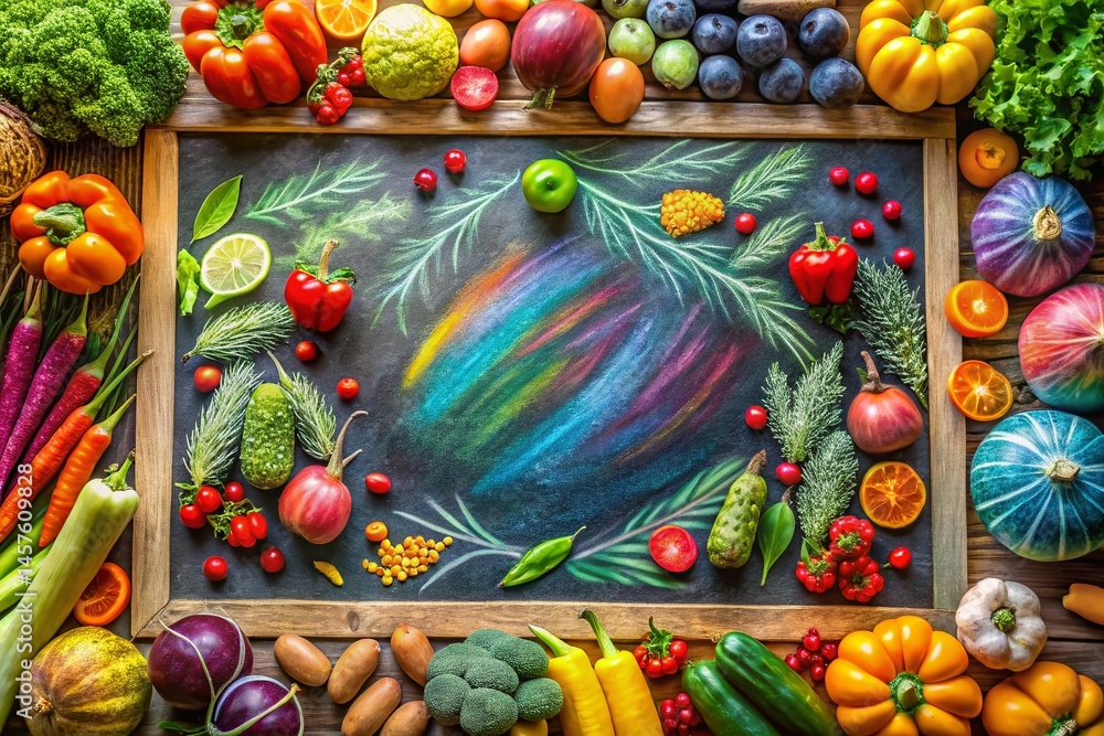 Aerial View: Colorful Chalk Vegetable & Fruit Drawings on Blackboard Aerial View: Colorful Chalk Vegetable & Fruit Drawings on Blackboard