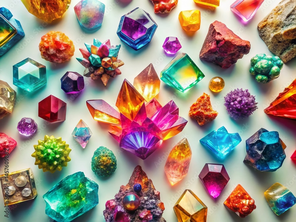 Fototapeta premium Aerial View: Colorful Crystal Collection Artistic Arrangement on White