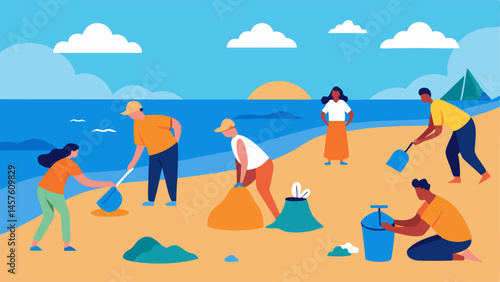 Beach Cleanup After Erosion A scene of volunteers cleaning up a washedup debris and litter along a beachfront demonstrating community response to environmental changes.