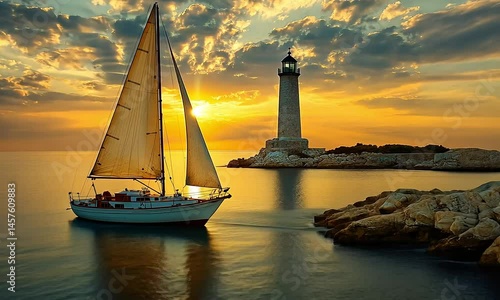 Wallpaper Mural Sailboat sailing past lighthouse at golden sunset.  Calm waters, dramatic clouds Torontodigital.ca