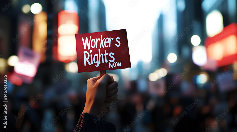 © GROW HIGH - Worker's Rights Advocacy in the City: A determined hand holds a sign calling for worker's rights in the bustling city, with lights and a crowd of people in the background.
