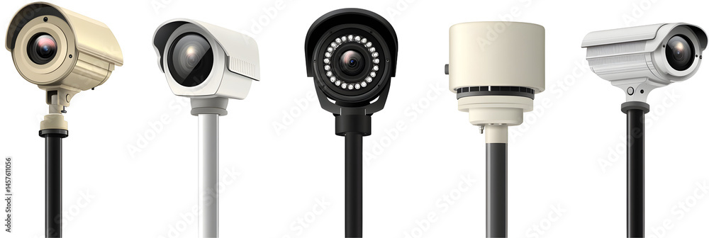 Naklejka premium Diverse surveillance cameras standing guard in a digital realm, vigilantly securing virtual spaces