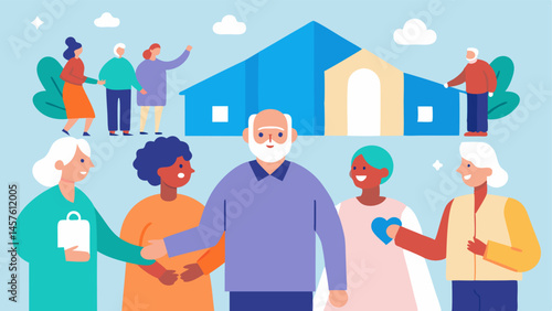 Community Support Programs An of a community center with various elderly individuals engaged in different activities showcasing the importance of community support