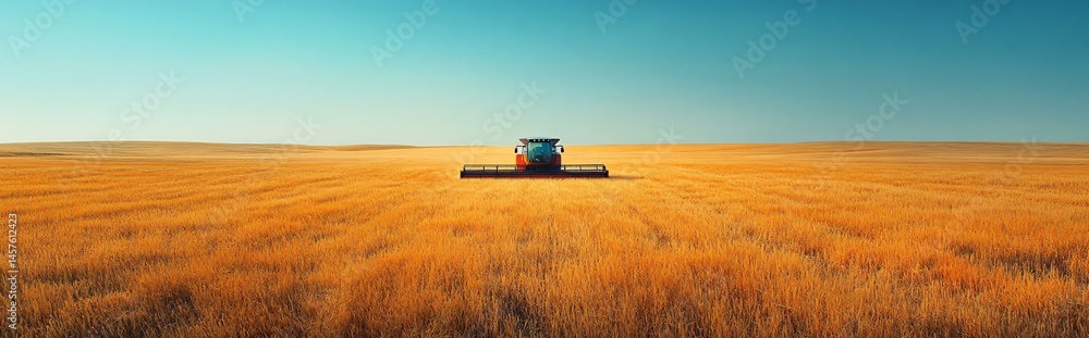 Fototapeta premium Futuristic self-driving combine harvests golden rye with precision. Ideal for illustrating agricultural innovation, technology, farming, and automation concepts.