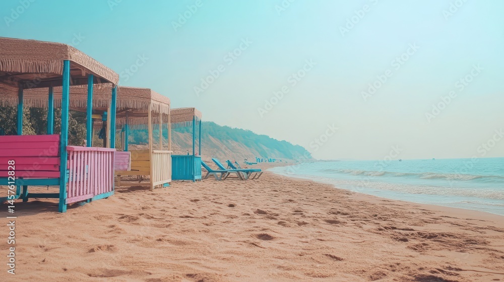 Fototapeta premium Colorful beach huts on sandy shore